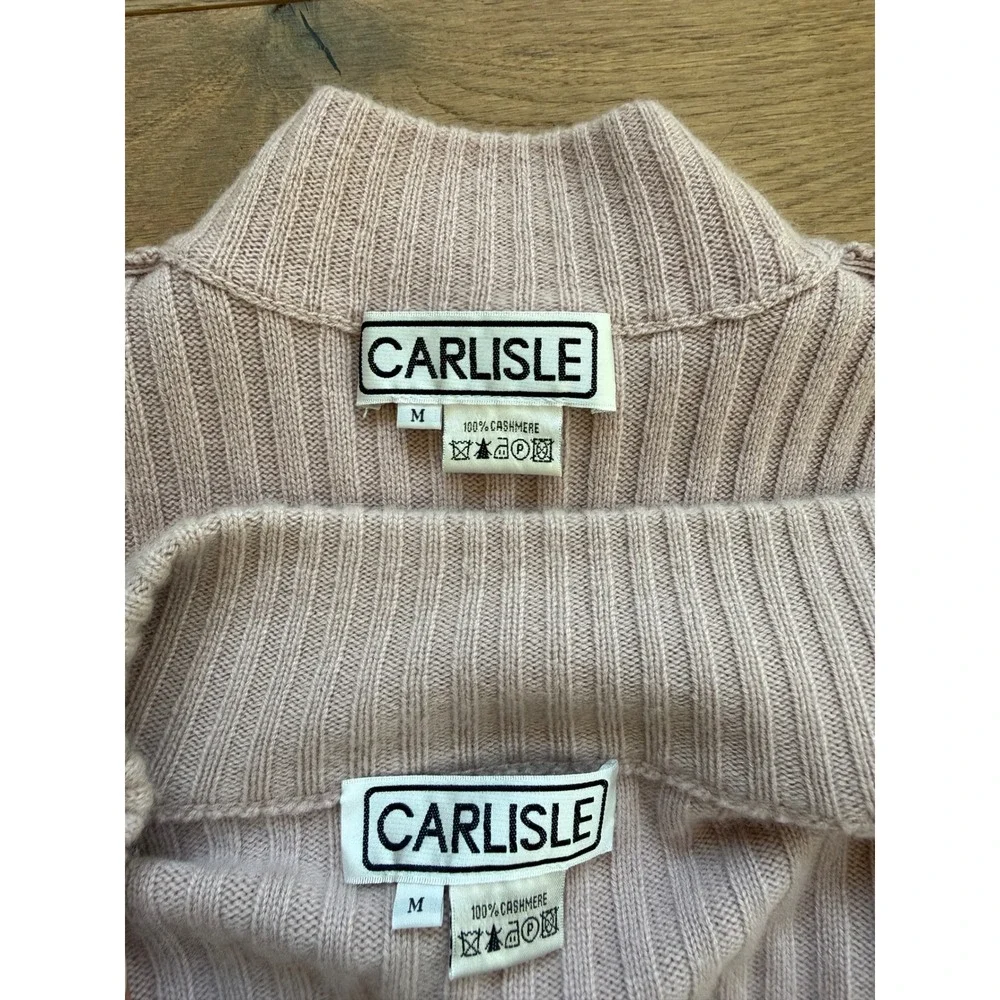 Carlisle Womens 100% Cashmere Ribbed Twin Set Pink Cardigan Shell Mock Neck M